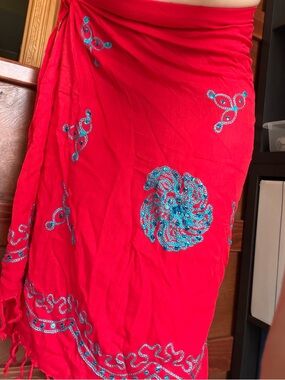 UCHO BALI -Red Embroidered Beach Sarong Wrap With sequins/Bottom fringe One size